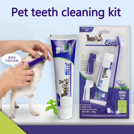 Pet Dog Beef Flavor Toothpaste & Blue Plastic Toothbrush Set with Finger Cots by Petpexi for effective periodontal care and daily oral hygiene

