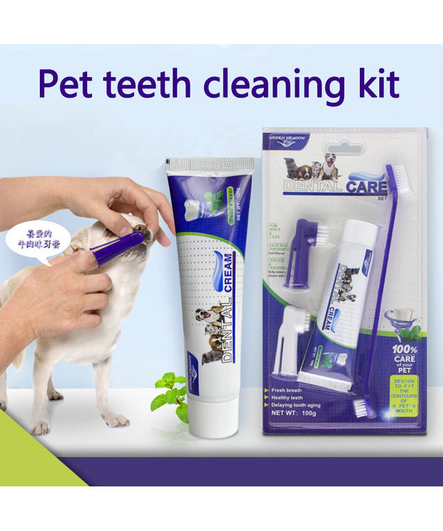 Pet Dog Beef Flavor Toothpaste & Blue Plastic Toothbrush Set with Finger Cots by Petpexi for effective periodontal care and daily oral hygiene

