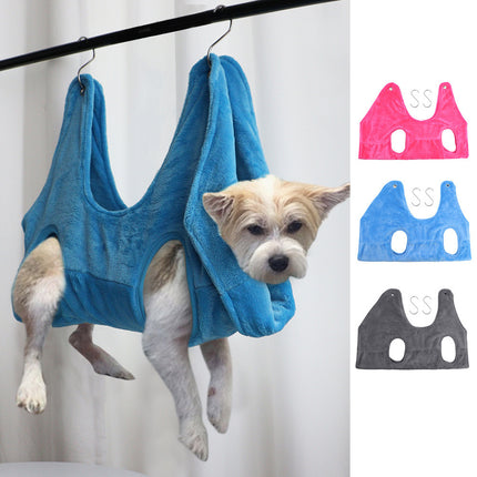 Breathable double-layer flannel pet grooming hammock harness in use for dog and cat grooming by Petpexi, durable and comfortable restraint aid

