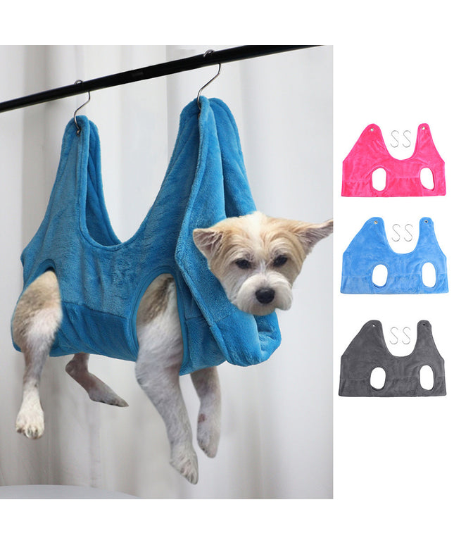 Breathable double-layer flannel pet grooming hammock harness in use for dog and cat grooming by Petpexi, durable and comfortable restraint aid

