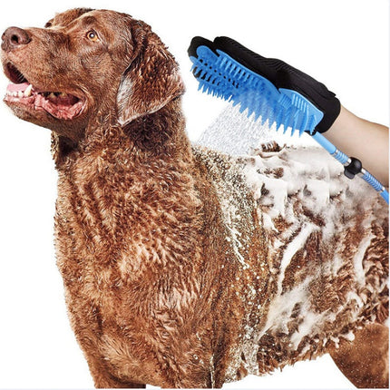 Blue handheld pet dog shower head with massage glove, 7.5 ft hose and faucet adapters for bathing dogs, cats, and horses by Petpexi

