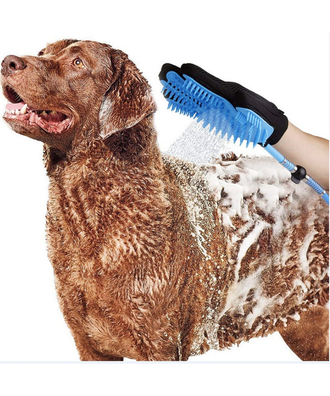 Blue handheld pet dog shower head with massage glove, 7.5 ft hose and faucet adapters for bathing dogs, cats, and horses by Petpexi

