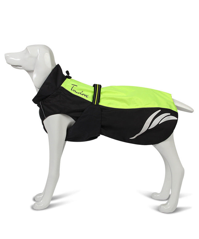 Dog wearing PetPexi summer raincoat in green, orange, and black with water-repellent nylon and 3M reflective strips for safety and comfort in wet weather

