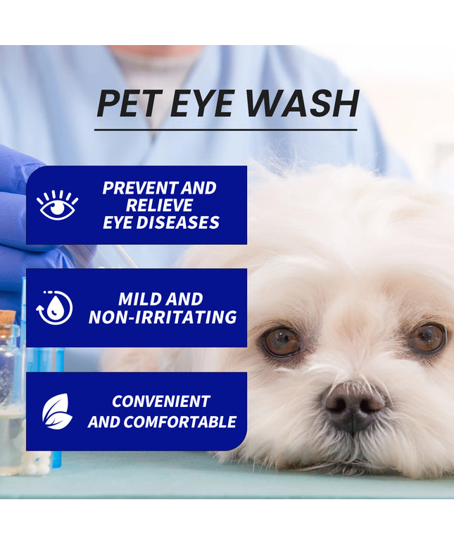 Bottle of Pet Eye Drops by Petpexi with natural hyaluronic acid and botanical extracts, for relief of dry, red eyes and odor in dogs and cats

