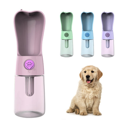 Compact 250ml filtered pet water bottle for dogs and cats – BPA-free travel hydration cup in pink, blue, green, and purple, from www.petpexi.com

