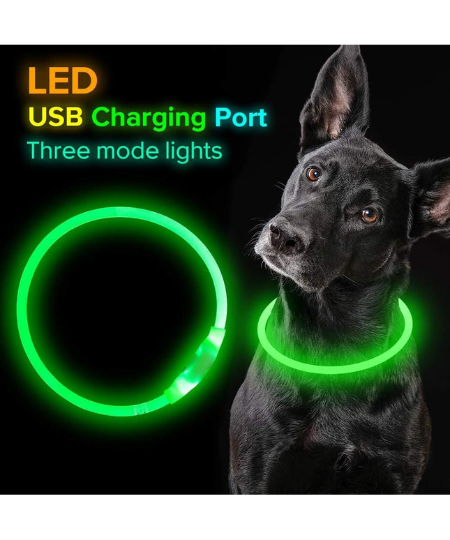 USB rechargeable pet flashing LED collar by Petpexi, glowing optical fiber design in white, available in 35cm, 50cm, and 70cm sizes for night safety

