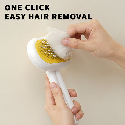 Pet grooming brush with stainless steel teeth and soft rubber massage needles for cats and dogs, featuring one-click cleaning button by Petpexi

