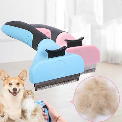 Ergonomic pet grooming comb for dogs and cats with stainless steel teeth and rubber non-slip blue handle by Petpexi

