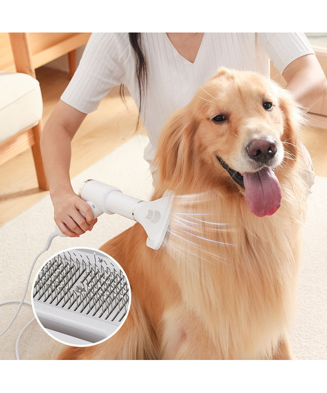 3rd generation pet hair dryer comb for cats and dogs in white, pink, and blue by Petpexi, featuring multi-voltage compatibility and durable ABS material

