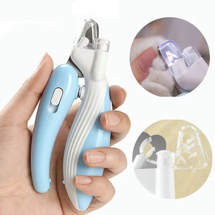 Pet nail clippers with built-in LED light and ergonomic ABS handle in light coffee, blue, and peach by Petpexi for safe grooming of dogs, cats, and small pets


