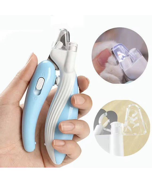 Pet nail clippers with built-in LED light and ergonomic ABS handle in light coffee, blue, and peach by Petpexi for safe grooming of dogs, cats, and small pets

