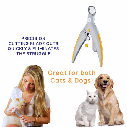 Pet nail trimmer clipper with LED light and magnifier in yellow and gray by Petpexi, for safe and precise nail trimming of cats and dogs

