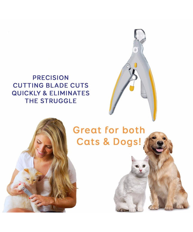 Pet nail trimmer clipper with LED light and magnifier in yellow and gray by Petpexi, for safe and precise nail trimming of cats and dogs

