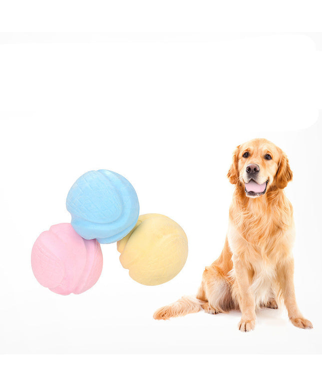 Durable TPR foam dog ball for chew, fetch, and interactive play in blue, yellow, and pink – www.petpexi.com