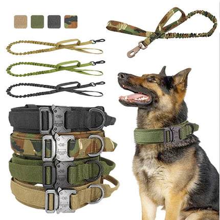 Pet tactical dog collar and leash set by Petpexi in durable nylon, adjustable military style traction belt, available in camouflage, black, khaki, and army green colors

