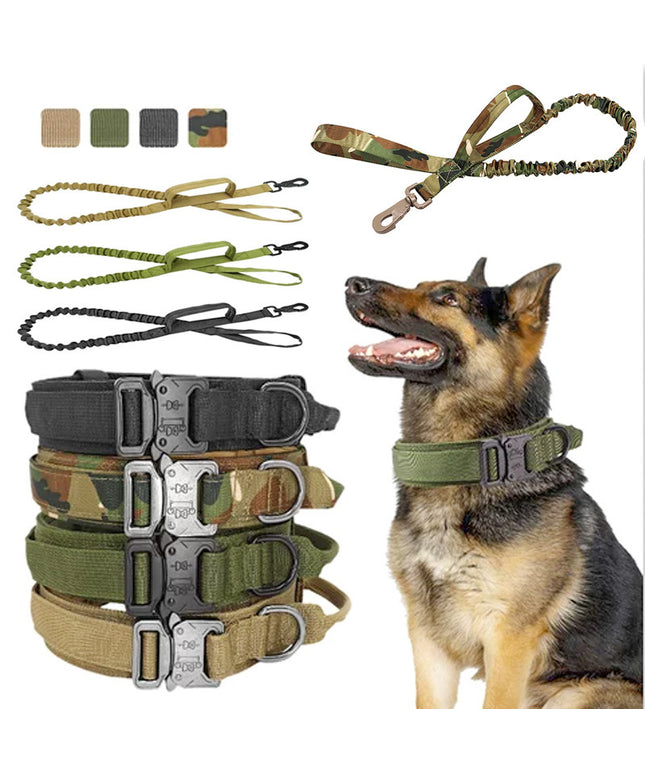 Pet tactical dog collar and leash set by Petpexi in durable nylon, adjustable military style traction belt, available in camouflage, black, khaki, and army green colors


