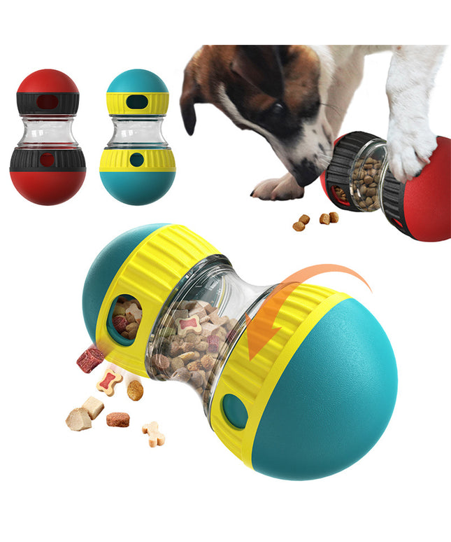 A vibrant lake blue PetPexi dumbbell-shaped dog food dispensing puzzle toy, designed as a slow feeder for mental stimulation.

