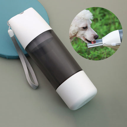 White portable dog water and food bottle by PetPexi, showing the water dispenser and food compartment.