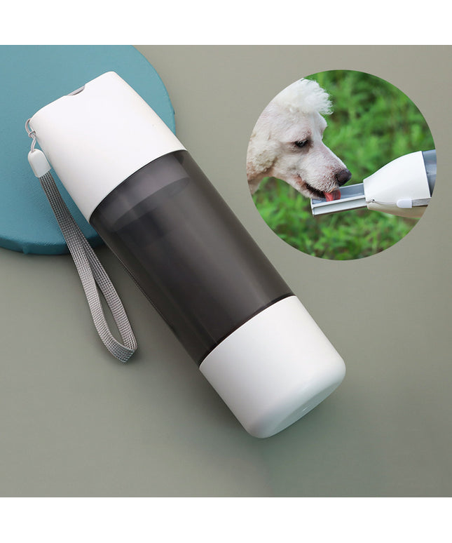 White portable dog water and food bottle by PetPexi, showing the water dispenser and food compartment.