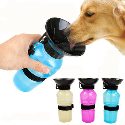 White PetPexi portable squeeze dog water bottle with integrated drinking bowl, ready for travel.
