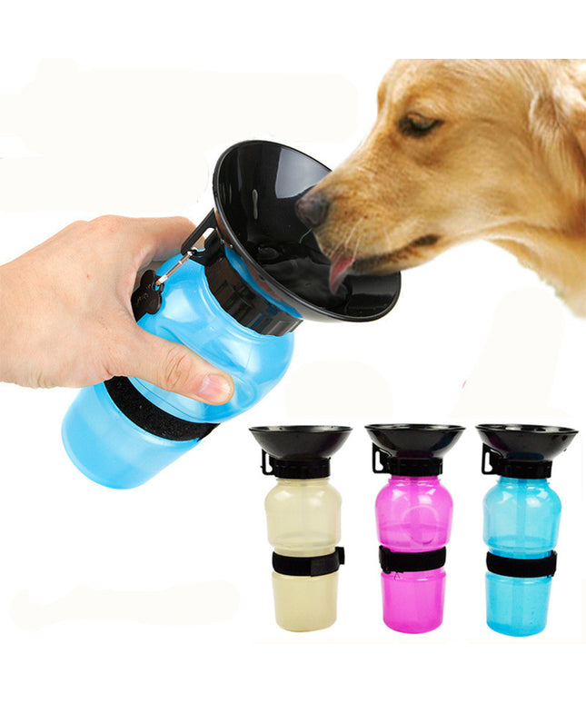 White PetPexi portable squeeze dog water bottle with integrated drinking bowl, ready for travel.