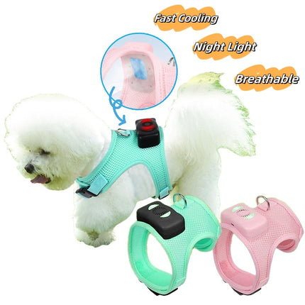 Mint green and cherry blossom pink breathable nylon dog vest chest strap harness with wearable air conditioner and night lights by Petpexi

