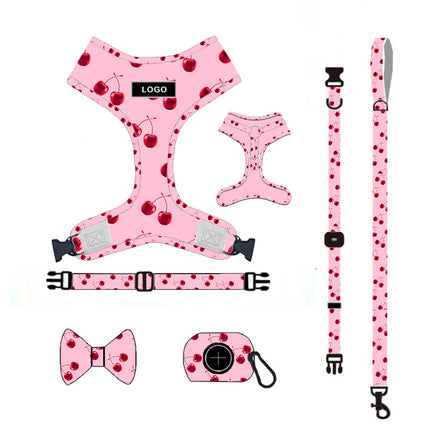Pink dog leash set by Petpexi including chest strap, collar, traction rope, bowknot, and dog poop bag, made from durable cloth, available in sizes S to XL

