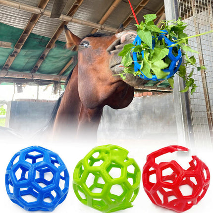 Polo Hay Hanging Food Feeder Toy from PetPexi, durable 14cm plastic in blue, red, or green, free USA shipping, perfect for horse feeding fun