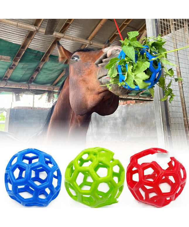 Polo Hay Hanging Food Feeder Toy from PetPexi, durable 14cm plastic in blue, red, or green, free USA shipping, perfect for horse feeding fun