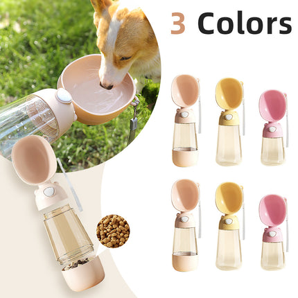 3086 Series portable dog water and food bottle in yellow, pink, and brown – safe travel container for pets available at www.petpexi.com


