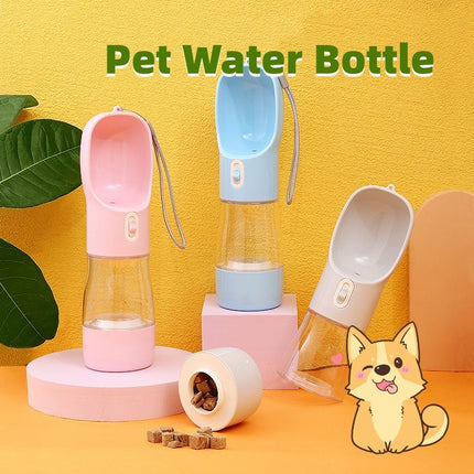 Portable Dog Water and Food Bottle – Leakproof Travel Feeder Bowl with 458ml Capacity – Blue, Pink, Green, Grey – Available at www.petpexi.com

