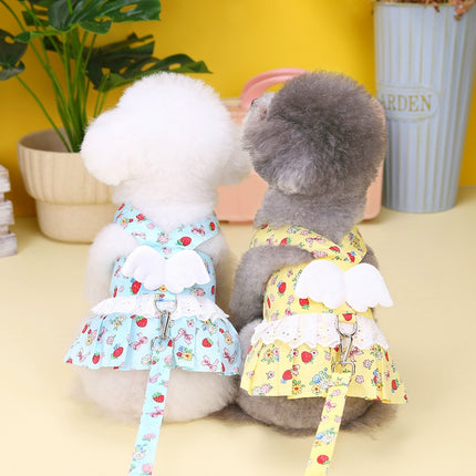 Small dog wearing a yellow princess cotton dress with leash buckle from Petpexi – cute and comfortable outfit with fast USA shipping

