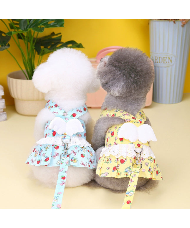 Small dog wearing a yellow princess cotton dress with leash buckle from Petpexi – cute and comfortable outfit with fast USA shipping


