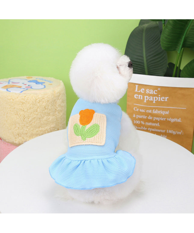 Princess-style cotton dog skirt with pocket in yellow and sky blue – cute pet dress from Petpexi with fast free shipping in the USA

