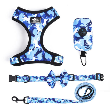 4-piece printed chest harness and leash set for dogs, cats, and rabbits in blue, pink, yellow, and gray camouflage | Petpexi