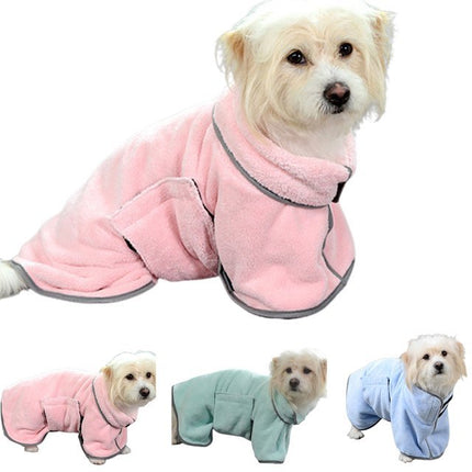 Quick-drying microfiber pet absorbent towel and bathrobe by Petpexi in blue, pink, green, and purple, designed for fast drying and cozy warmth for dogs and cats

