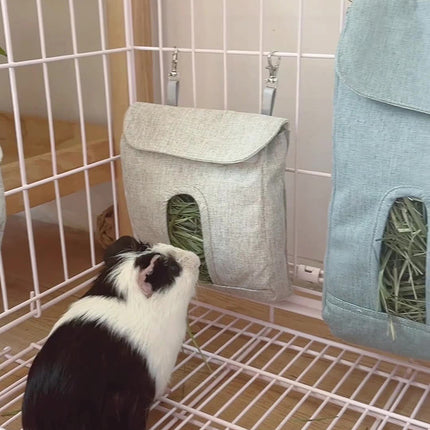 Rabbit Feeding Feed Bag for guinea pigs, hamsters, and chinchillas made from durable cloth in gray and blue.

