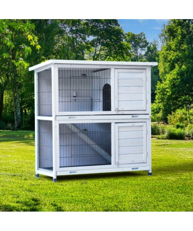 Rabbit Hutch Outdoor, 2-Story Cage with No-Leak Trays, Waterproof Roof for Small Animals

