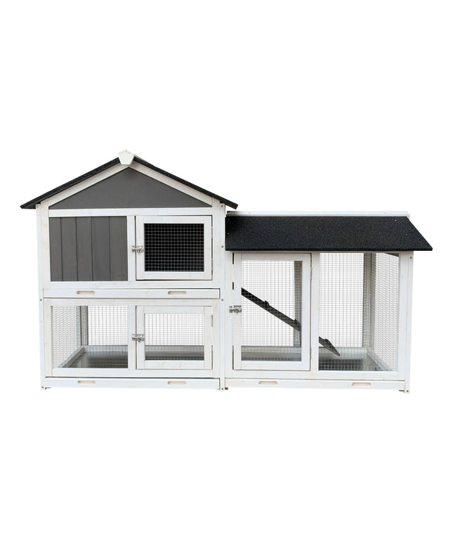 Removable Tray Wooden Outdoor Rabbit Hutch with Running Cage and Non-Slip Ramp for Small Animals

