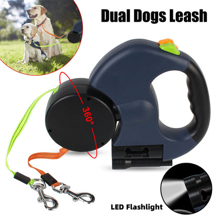 Retractable dual dog leash for small dogs by Petpexi, featuring 360° swivel, reflective strips, built-in lights, and poop bag holder—available in black, red, blue


