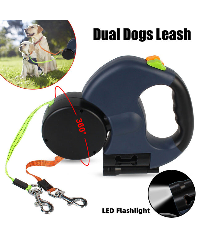 Retractable dual dog leash for small dogs by Petpexi, featuring 360° swivel, reflective strips, built-in lights, and poop bag holder—available in black, red, blue

