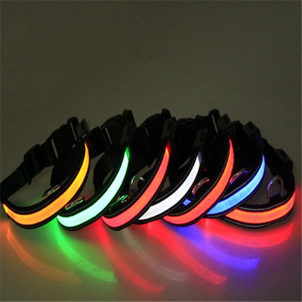 Solar charging fluorescent nylon dog collar by Petpexi with adjustable fit, soft LED lights in multiple colors, durable and anti-bite design for pet safety

