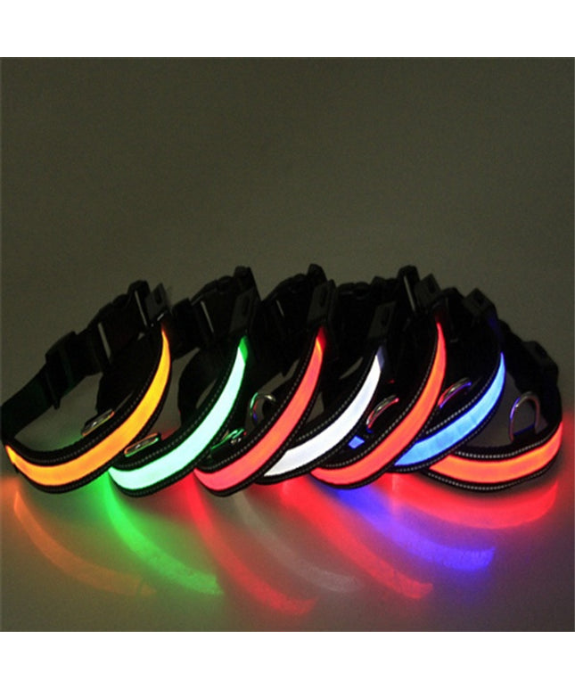 Solar charging fluorescent nylon dog collar by Petpexi with adjustable fit, soft LED lights in multiple colors, durable and anti-bite design for pet safety

