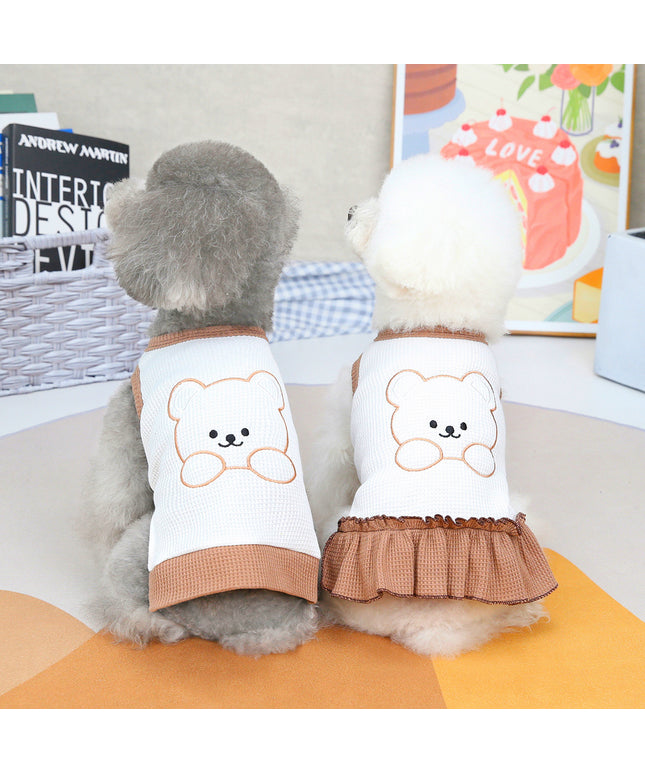 Small dog wearing cute spring and summer cotton outfit from Petpexi – available in vest, skirt, and T-shirt styles with fast USA shipping

