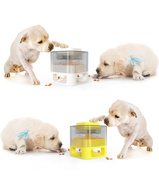 Square Bullet Food Container in white and yellow, an interactive pet feeder for dogs and cats from www.petpexi.com, featuring anti-slip design and fast, free USA shipping.