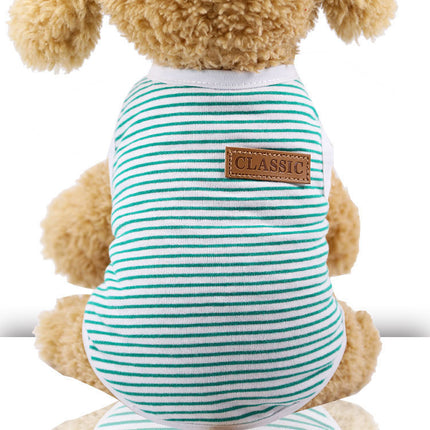 Dog and cat wearing striped cotton vest from www.petpexi.com – lightweight and colorful summer outfit for pets with free shipping in the USA

