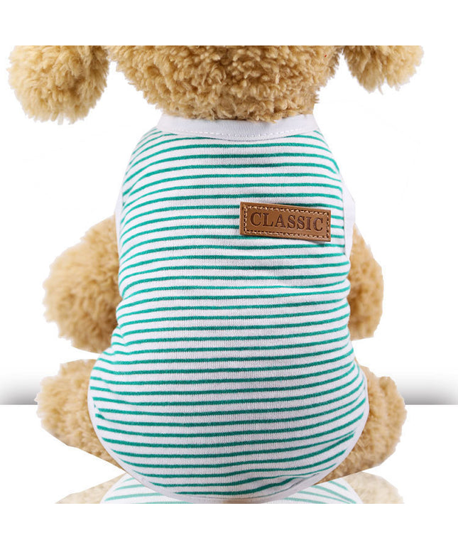 Dog and cat wearing striped cotton vest from www.petpexi.com – lightweight and colorful summer outfit for pets with free shipping in the USA

