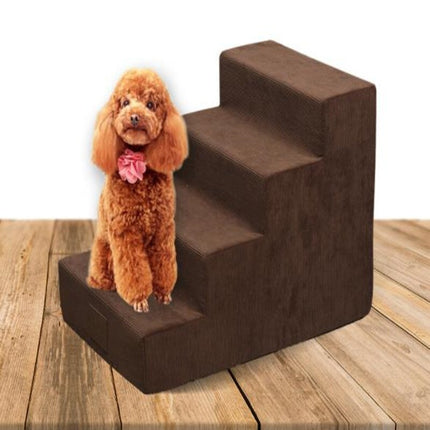Premium Stuffed Pet Stairs for Small and Senior Dogs from PetPexi, plush design, easy storage, on a living room floor next to a sofa

