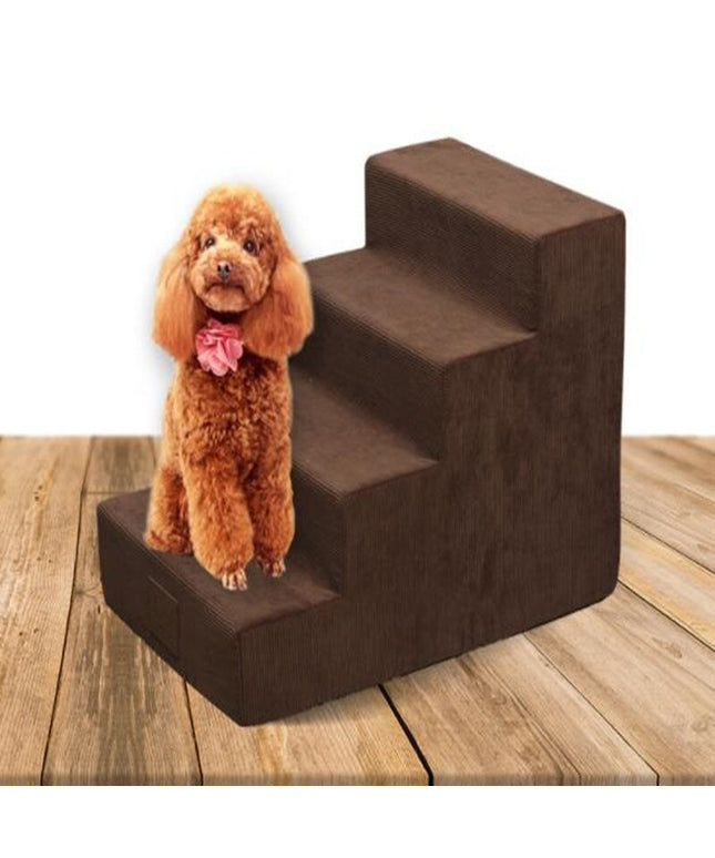 Premium Stuffed Pet Stairs for Small and Senior Dogs from PetPexi, plush design, easy storage, on a living room floor next to a sofa

