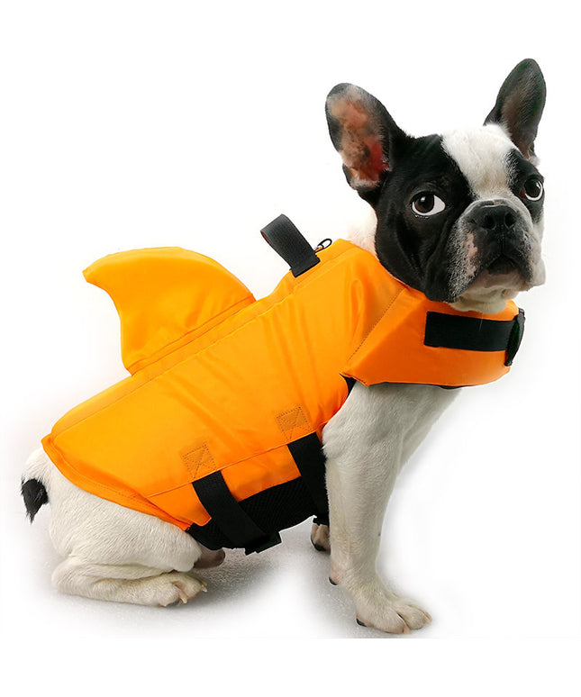Summer shark design dog life vest in blue and orange – durable cloth pet safety jacket sizes XS to XXL | Petpexi

